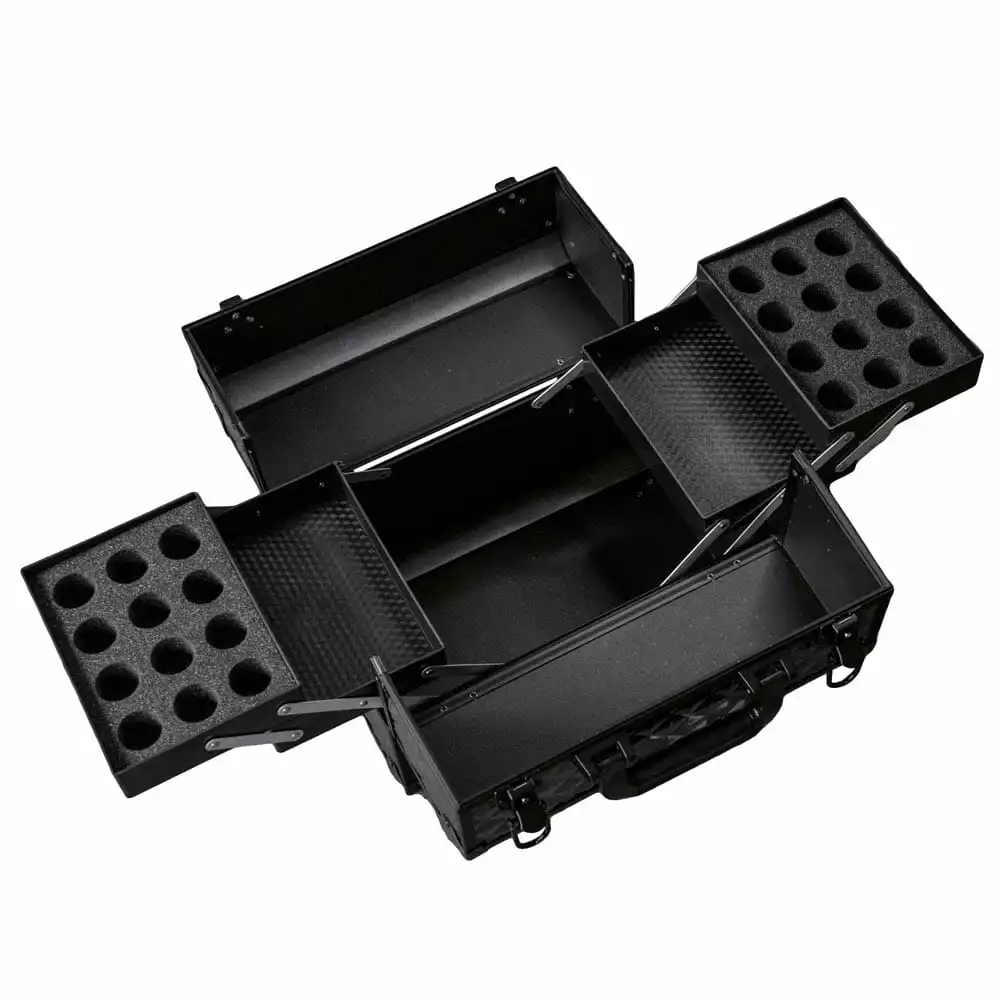 Open black multi-tier makeup case with several trays, round compartments, and a handle, shown against a white background.