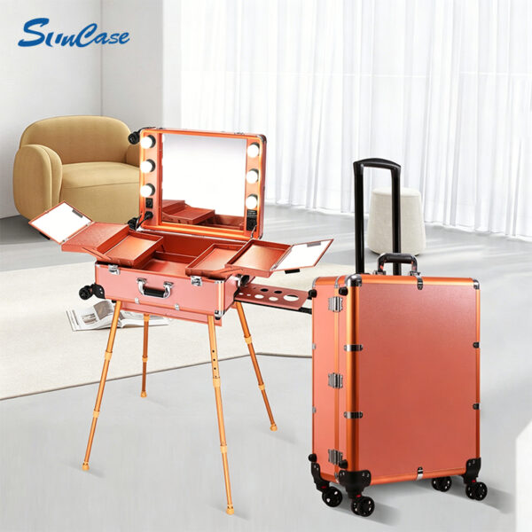 led lights rolling makeup case (1) Estuche de maquillaje con ruedas y luces LED - Oro rosa