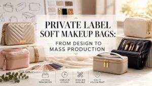 Private label soft makeup bag production guide showing seven phases from design brief to mass production including sampling customization quality control cost breakdown and logistics for wholesale and DTC brands