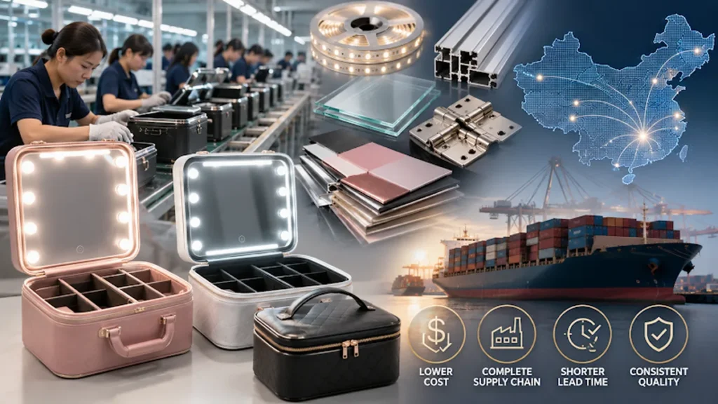 Cosmetic case manufacturer showcasing production facility, material supply chain, China manufacturing network, and global export capabilities