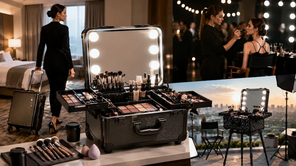 Professional makeup artist travel case with illuminated mirror and cosmetics kit for beauty services and backstage makeup applications