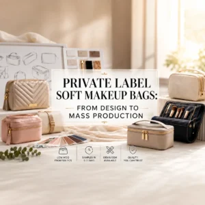 Private label soft makeup bag production guide showing seven phases from design brief to mass production including sampling customization quality control cost breakdown and logistics for wholesale and DTC brands