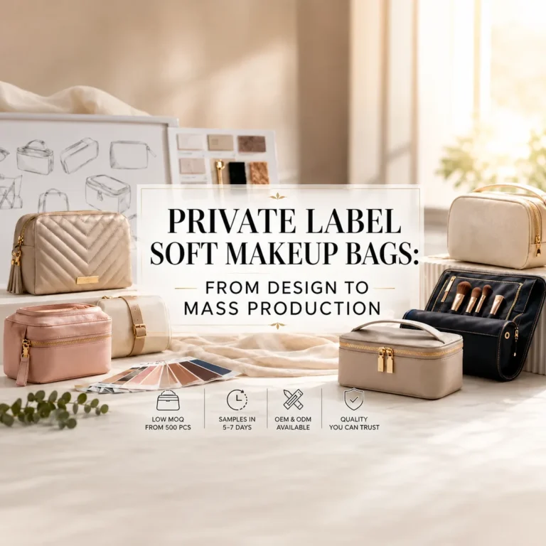Private label soft makeup bag production guide showing seven phases from design brief to mass production including sampling customization quality control cost breakdown and logistics for wholesale and DTC brands