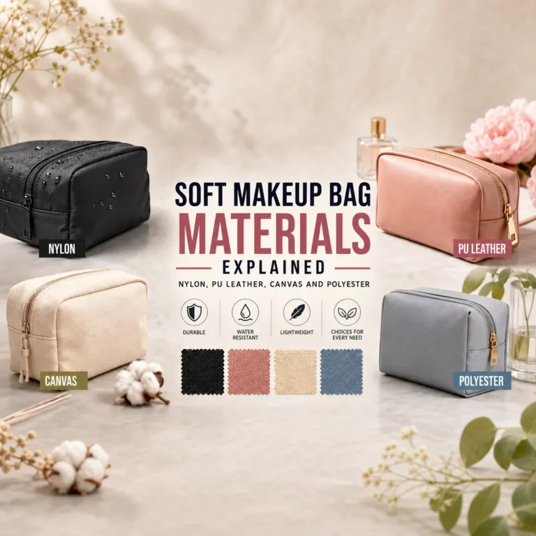 Soft makeup bag materials comparison showing nylon PU leather canvas and polyester properties including durability water resistance cost weight eco-friendliness aesthetics and best use cases for wholesale and retail buyers