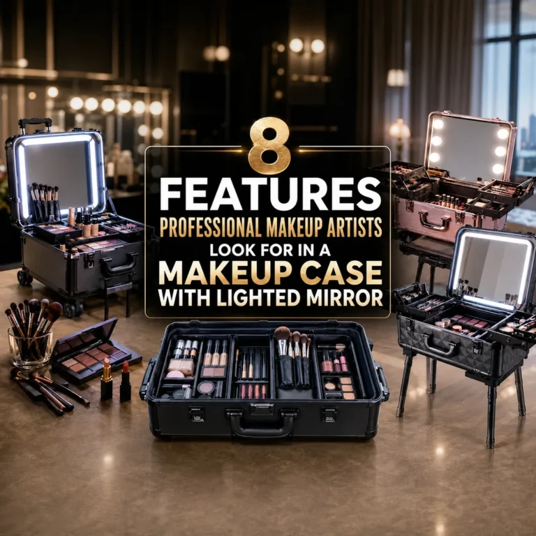 Professional makeup case with lighted mirror showing dimmable LED lights adjustable mirror angles modular compartment system aluminum construction and USB charging for professional makeup artists and salon use