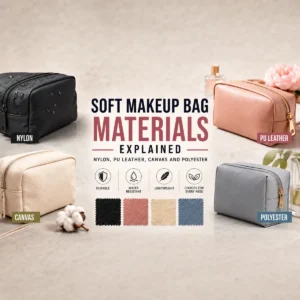 Soft makeup bag materials comparison showing nylon PU leather canvas and polyester properties including durability water resistance cost weight eco-friendliness aesthetics and best use cases for wholesale and retail buyers