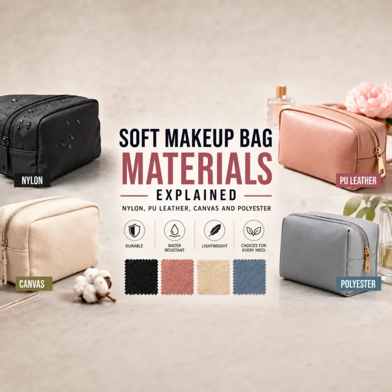 Soft makeup bag materials comparison showing nylon PU leather canvas and polyester properties including durability water resistance cost weight eco-friendliness aesthetics and best use cases for wholesale and retail buyers