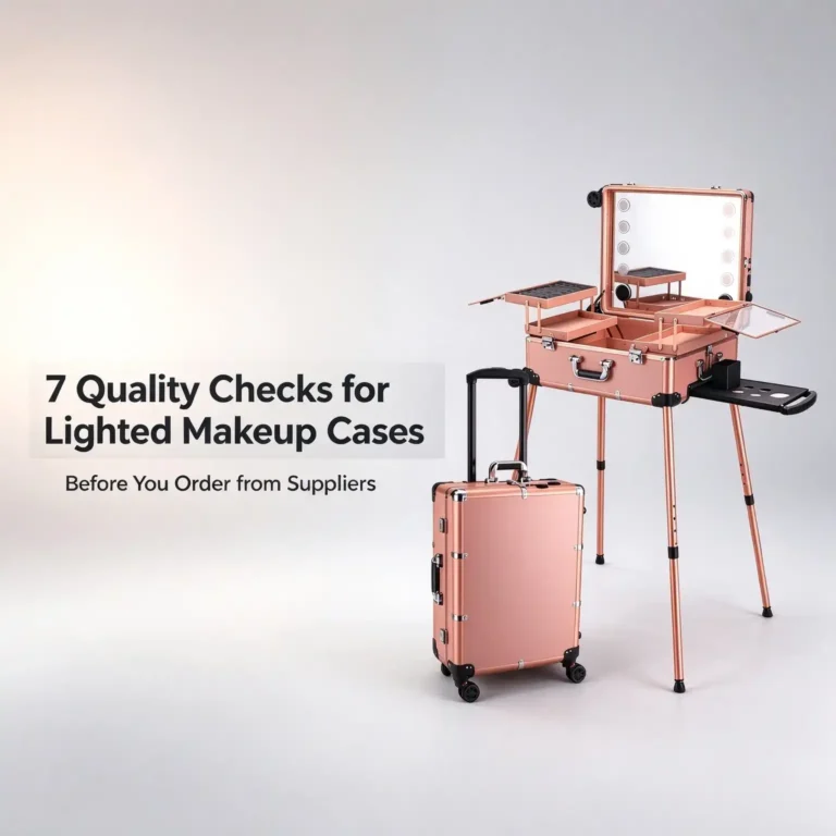 Rose-gold rolling makeup case and open lighted mirror case on stand with trays, beside text: 7 Quality Checks for Lighted Makeup Cases Before You Order from Suppliers.