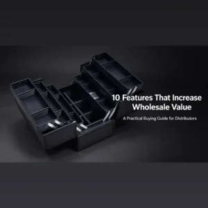 Mallette de maquillage noire à plusieurs niveaux avec compartiments ouverts et charnières métalliques sur fond sombre, avec le texte blanc 10 caractéristiques qui augmentent la valeur de gros.