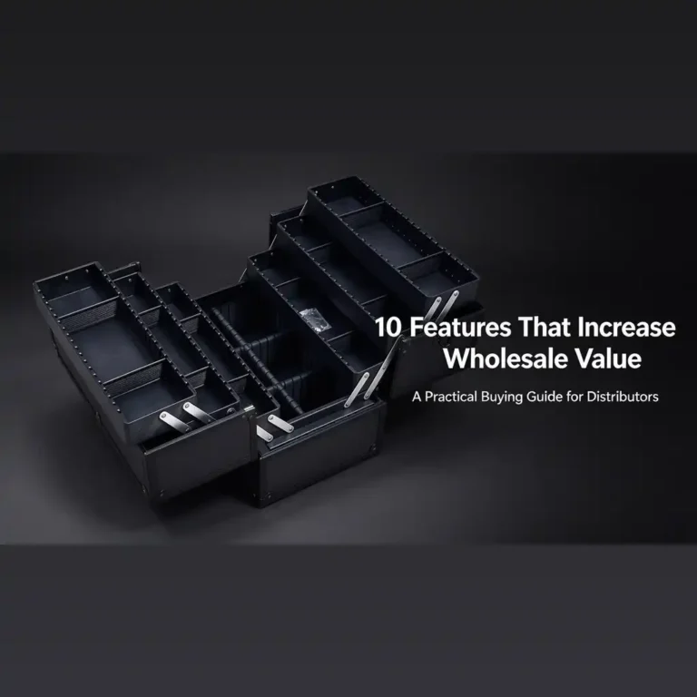 Black multi-tiered makeup case with open compartments and metal hinges on a dark background, with white text reading 10 Features That Increase Wholesale Value.