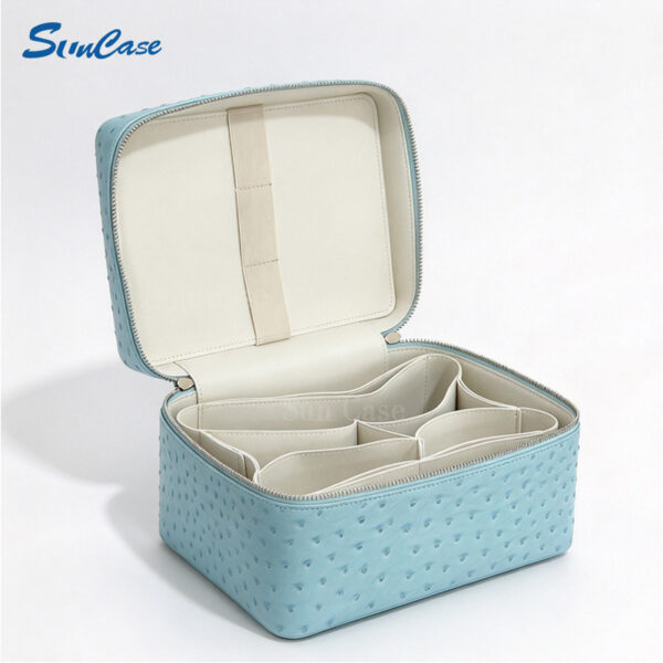 Blauwe Struisvogel Make-up Tas Cosmetische Trolley Opbergkoffer met Verdelers