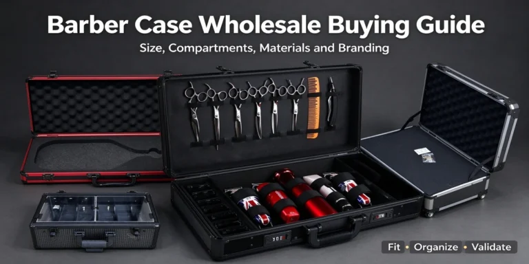 Open barber cases in red, black and silver with scissors, combs and hair clippers, plus text 'Barber Case Wholesale Buying Guide'.