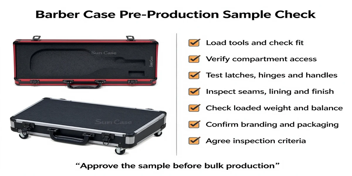 Barber Case Pre-Production Sample Check: red-and-black open case with foam cutouts, closed black wheeled case, checklist, and quote “Approve the sample before bulk production.”