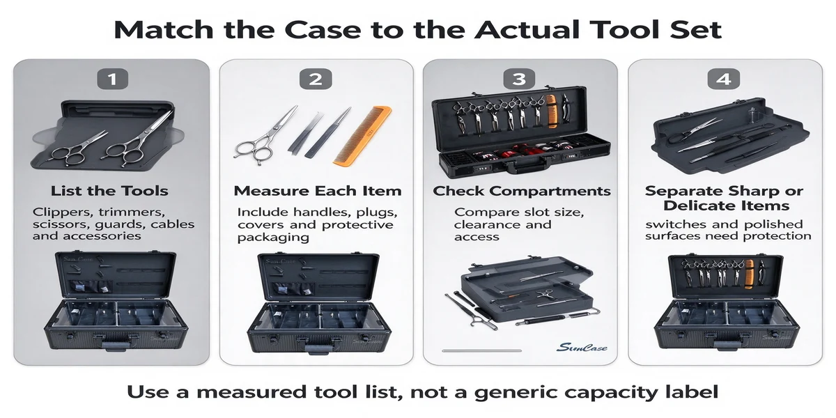 Infographic with four numbered panels showing barber scissors, combs and black tool cases, titled Match the Case to the Actual Tool Set, with tips to list, measure, check compartments and separate delicate items.