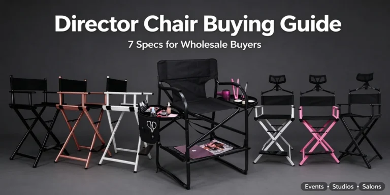 Director Chair Buying Guide: seven chairs in black, rose gold, white and pink, one with a side tray; text includes 7 Specs for Wholesale Buyers and Events, Studios, Salons.