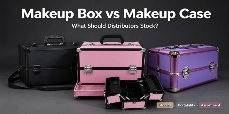 Three makeup cases in black, pink, and purple with silver-tone latches and handles; an open pink case shows trays, with text Makeup Box vs Makeup Case and What Should Distributors Stock?