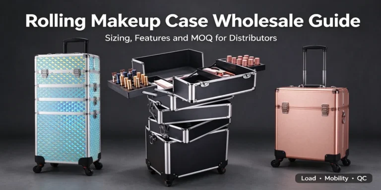 Drei Rollkoffer für Make-up auf dunklem Hintergrund: ein hoher hellblau gemusterter Koffer, ein offener schwarzer mehrstufiger Koffer mit Make-up-Artikeln und ein roségoldener Koffer; Text: Leitfaden für den Großhandel mit Rollkoffern für Make-up.
