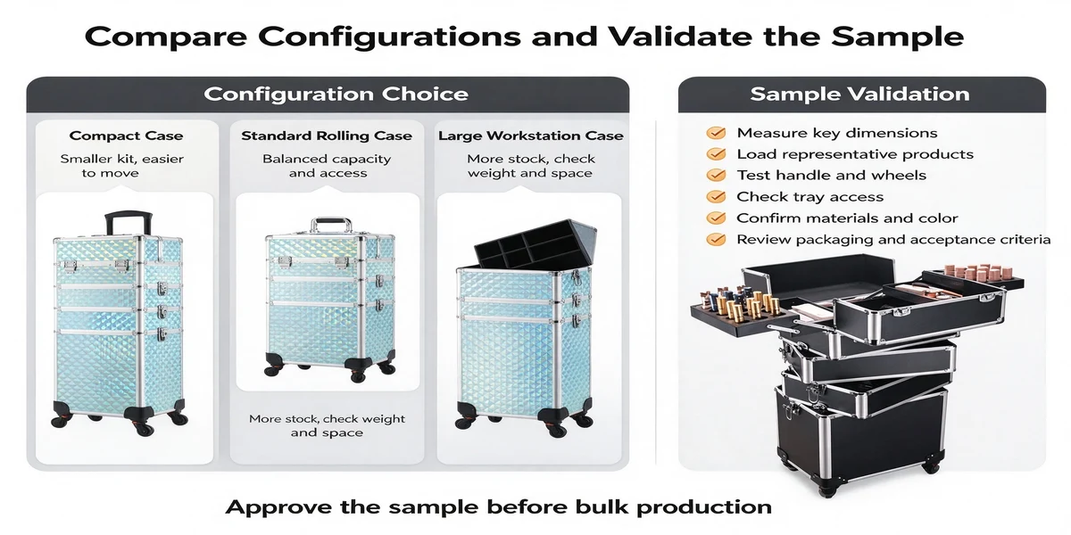Infographic comparing compact, standard and large blue rolling makeup cases beside a sample-validation checklist and an open black case with trays and products.