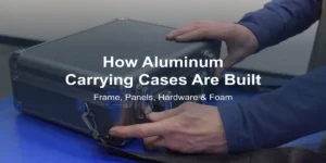 Hands holding a black textured hard case with metal corners and latches on a blue table, with text 'How Aluminum Carrying Cases Are Built' and 'Frame, Panels, Hardware & Foam'.