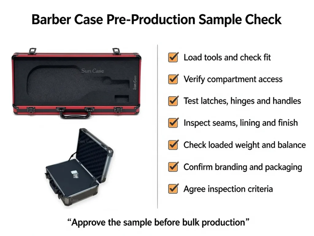 Barber Case Pre-Production Sample Check: red-and-black open case with foam cutouts, closed black wheeled case, checklist, and quote “Approve the sample before bulk production."