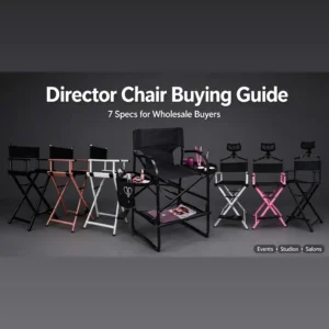 Director Chair Buying Guide: seven chairs in black, rose gold, white and pink, one with a side tray; text includes 7 Specs for Wholesale Buyers and Events, Studios, Salons.