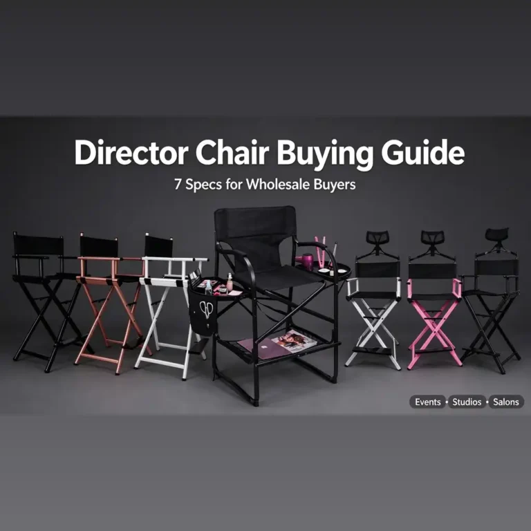 Director Chair Buying Guide: seven chairs in black, rose gold, white and pink, one with a side tray; text includes 7 Specs for Wholesale Buyers and Events, Studios, Salons.