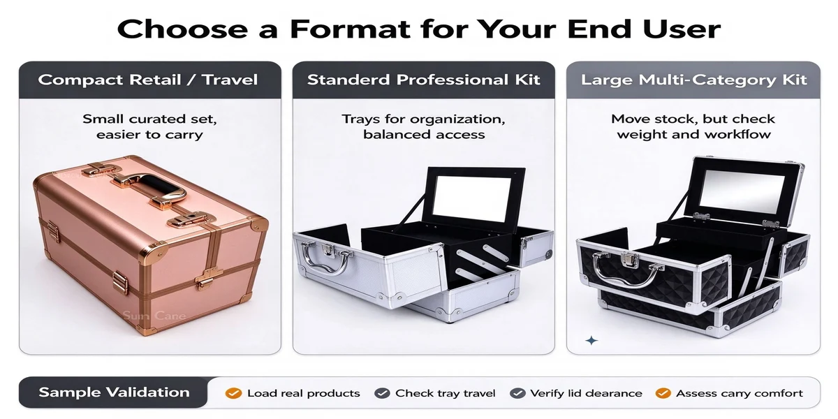 Chart titled Choose a Format for Your End User showing three makeup cases: rose-gold compact, open silver kit with trays, and open black quilted case with mirror, plus validation checkmarks.