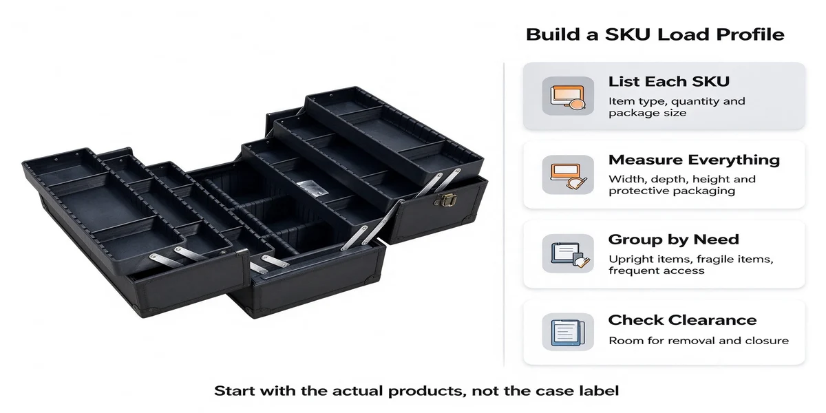 A black tiered makeup case with multiple compartments beside a 'Build a SKU Load Profile' chart with four steps and the note 'Start with the actual products, not the case label.'