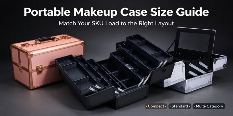 Größenleitfaden für tragbare Make-up-Koffer: pinker geschlossener Koffer, offene schwarze und silberne Koffer mit gestuften Tabletts, beschriftet als Kompakt, Standard und Multikategorie.