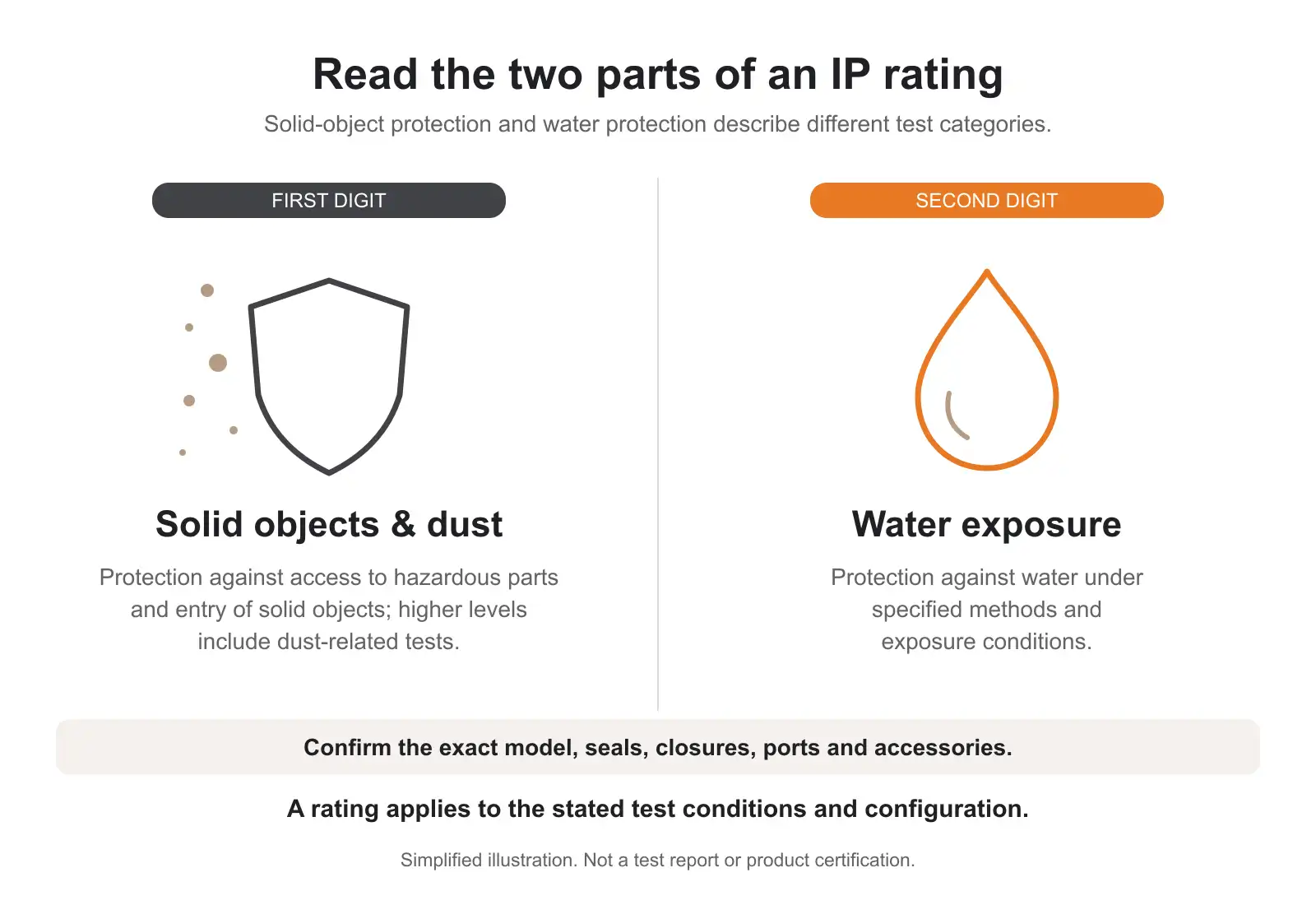Infographic showing IP rating split into dark-gray FIRST DIGIT shield with dust dots for solid objects and orange SECOND DIGIT water drop for water exposure.