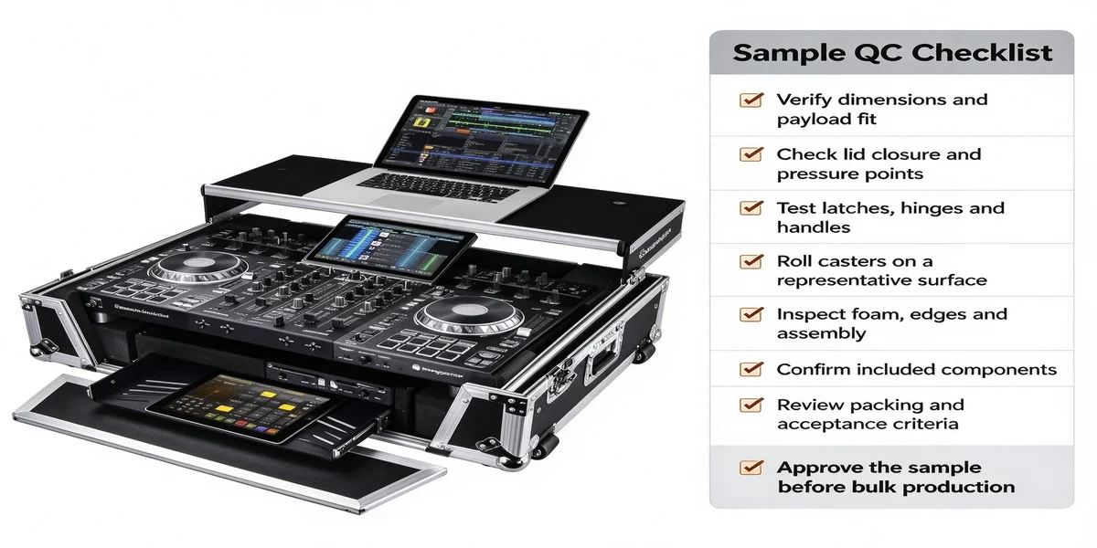 Schwarzes Road Case mit silberner Zierleiste, das DJ-Controller, einen Laptop und ein Tablet enthält, neben einer Muster-Qualitätskontrollcheckliste mit Prüfpunkten wie „Abmessungen überprüfen“ und „Riegel testen“.