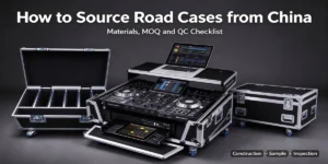 Drei schwarze Road Cases mit silberner Kante und blauen Rädern; mittlerer Koffer enthält DJ-Controller und Laptop. Text: So beziehen Sie Road Cases aus China, Materialien, MOQ und Qualitätskontrollcheckliste.