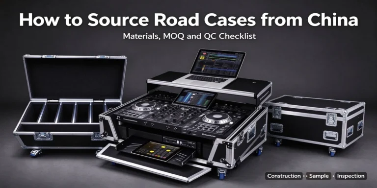 Drei schwarze Road Cases mit silberner Kante und blauen Rädern; mittlerer Koffer enthält DJ-Controller und Laptop. Text: So beziehen Sie Road Cases aus China, Materialien, MOQ und Qualitätskontrollcheckliste.