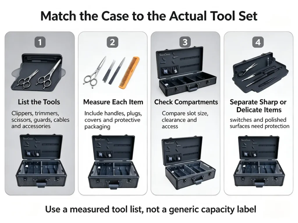 Infographic with four numbered panels showing barber scissors, combs and black tool cases, titled Match the Case to the Actual Tool Set, with tips to list, measure, check compartments and separate delicate items.