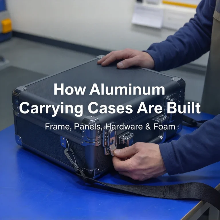 Hands holding a black textured hard case with metal corners and latches on a blue table, with text 'How Aluminum Carrying Cases Are Built' and 'Frame, Panels, Hardware & Foam'.