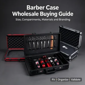 Open barber cases in red, black and silver with scissors, combs and hair clippers, plus text 'Barber Case Wholesale Buying Guide'.