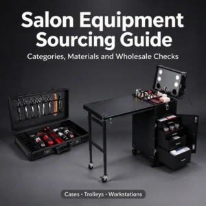 Deux mallettes de salon noires : une mallette ouverte avec des ciseaux et des peignes dans le couvercle et des bouteilles à bouchon rouge à l'intérieur, et un poste de travail roulant avec des tiroirs ; texte : Guide d'approvisionnement en équipement de salon.