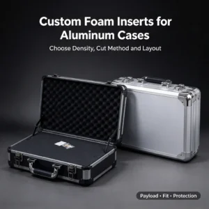 Deux mallettes en aluminium sur fond gris foncé : une mallette ouverte avec de la mousse noire et de la mousse alvéolée dans le couvercle, une mallette argentée fermée, avec le texte Inserts en mousse personnalisés pour mallettes en aluminium.