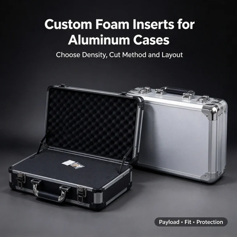 Two aluminum cases on a dark gray background: an open case with black foam and egg-crate lid foam, a closed silver case, with text Custom Foam Inserts for Aluminum Cases.