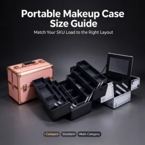 Guida alle dimensioni della trousse portatile: trousse rosa chiusa, trousse nere e argentate aperte con vassoi a più livelli, etichettate Compatta, Standard e Multicategoria.