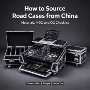 ثلاث حقائب سوداء للطرق بحواف فضية وعجلات زرقاء؛ الحقيبة الوسطى تحمل وحدة تحكم DJ وجهاز كمبيوتر محمول. النص: كيفية الحصول على حقائب الطرق من الصين، المواد، الحد الأدنى لكمية الطلب وقائمة التحقق من مراقبة الجودة.