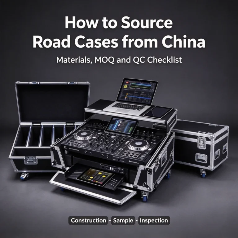 Drie zwarte flightcases met zilveren randen en blauwe wielen; de middelste koffer bevat een DJ-controller en een laptop. Tekst: How to Source Road Cases from China, Materials, MOQ and QC Checklist.