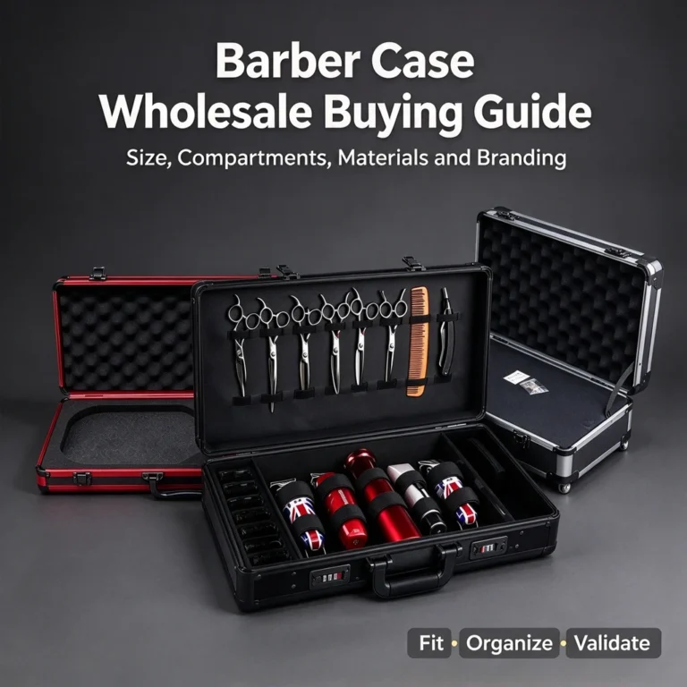 Open barber cases in red, black and silver with scissors, combs and hair clippers, plus text 'Barber Case Wholesale Buying Guide'.