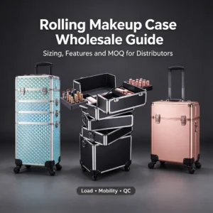 Three rolling makeup cases on a dark background: a tall light-blue patterned case, an open black multi-tier case with makeup items, and a rose-gold case; text reads Rolling Makeup Case Wholesale Guide.