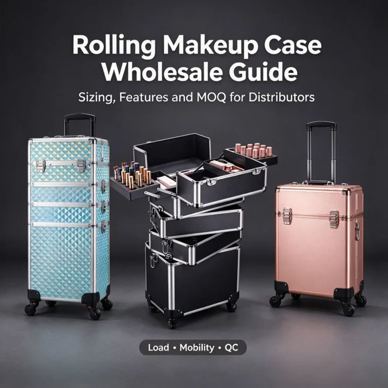 Three rolling makeup cases on a dark background: a tall light-blue patterned case, an open black multi-tier case with makeup items, and a rose-gold case; text reads Rolling Makeup Case Wholesale Guide.