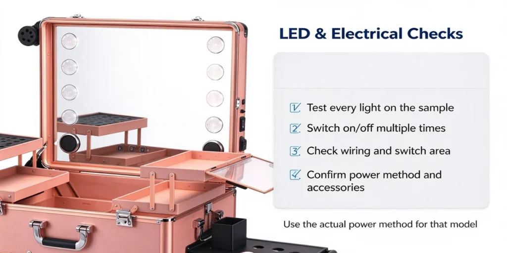 LED bulbs and switch panel on a lighted makeup case