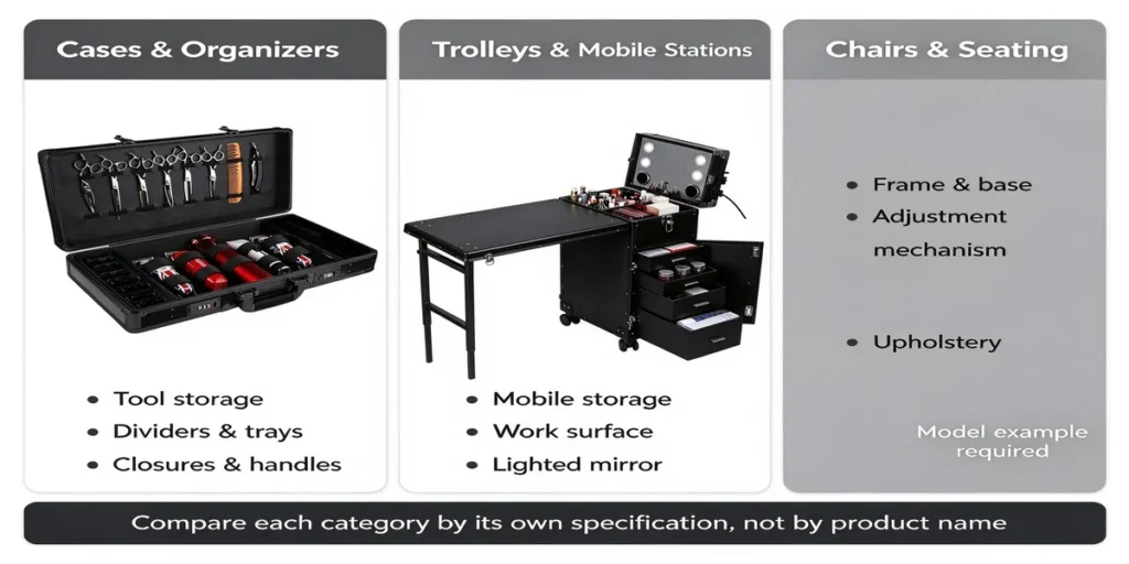 Salon equipment sourcing framework comparing cases, trolleys and seating specifications