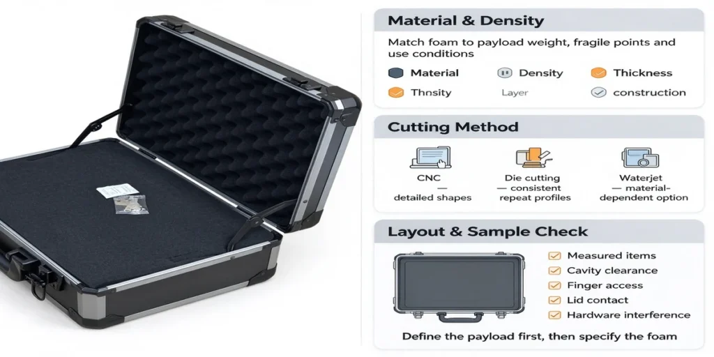 Aluminum case with custom foam insert, cutting methods and layout check