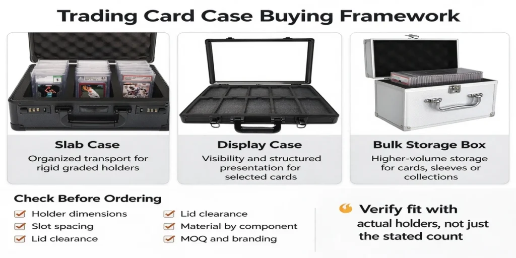 Trading card case buying framework comparing slab, display and bulk storage formats