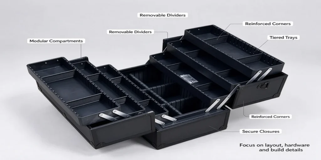 Schwarzer tragbarer Make-up-Koffer mit modularen Fächern, Einsätzen und sicheren Verschlüssen